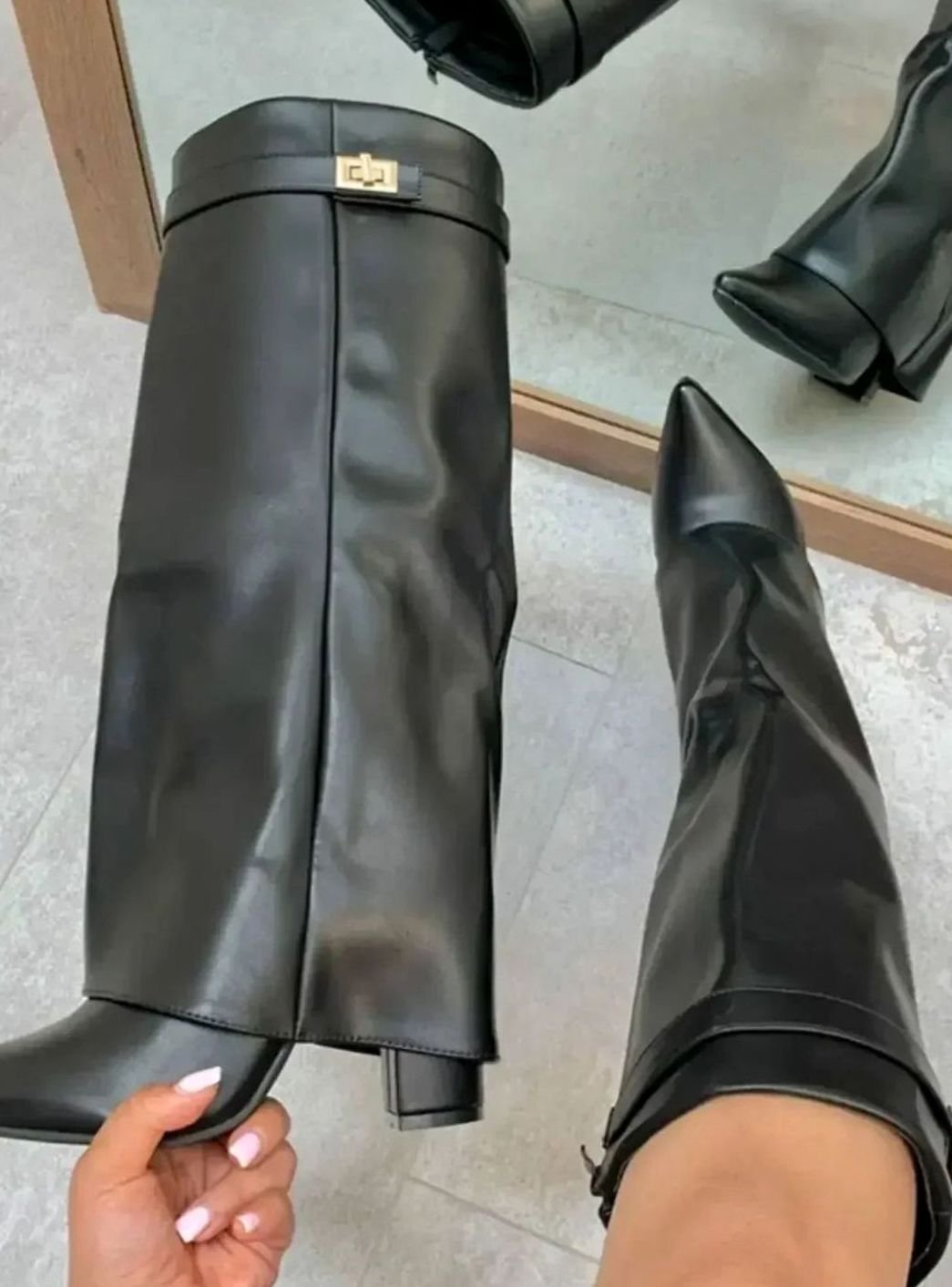 Women's Foldover Knee-High Suede Boots Gold Buckle