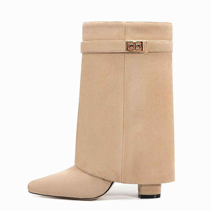 Women's Foldover Knee-High Suede Boots Gold Buckle