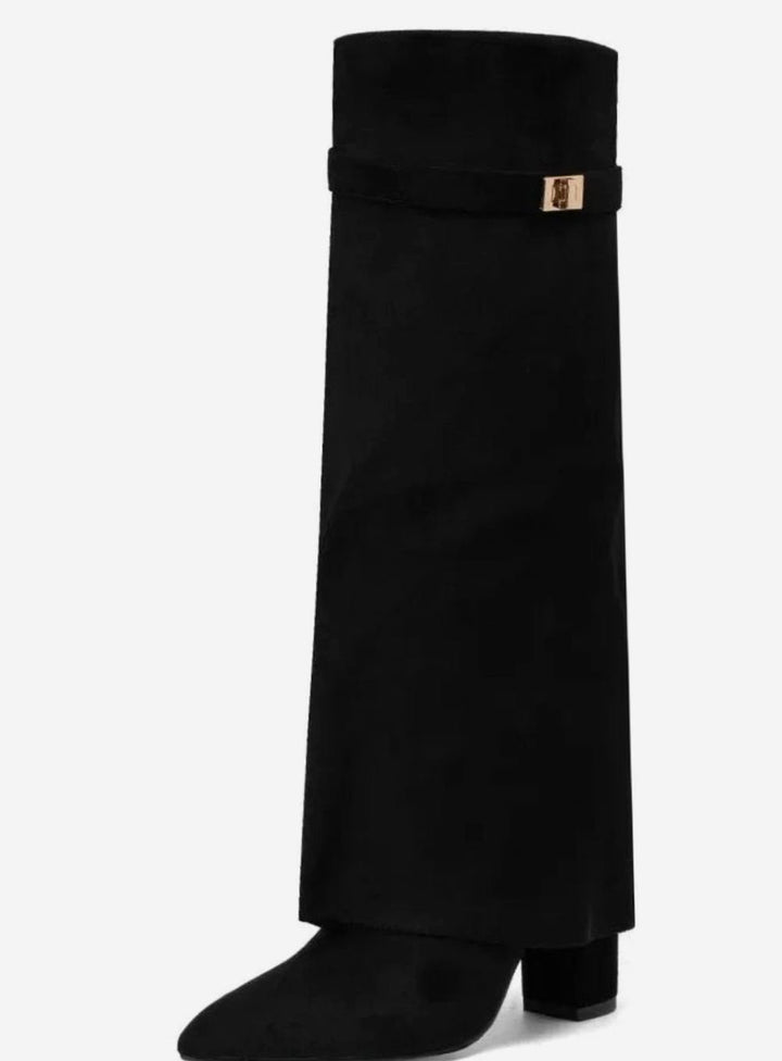 Women's Foldover Knee-High Suede Boots Gold Buckle - Black Suede