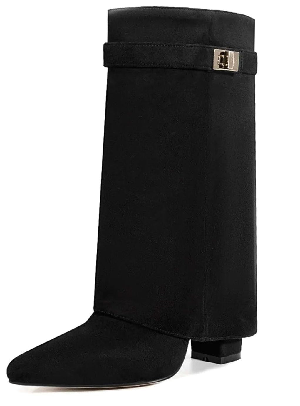 Women's Foldover Knee-High Suede Boots Gold Buckle - Black Suede Short