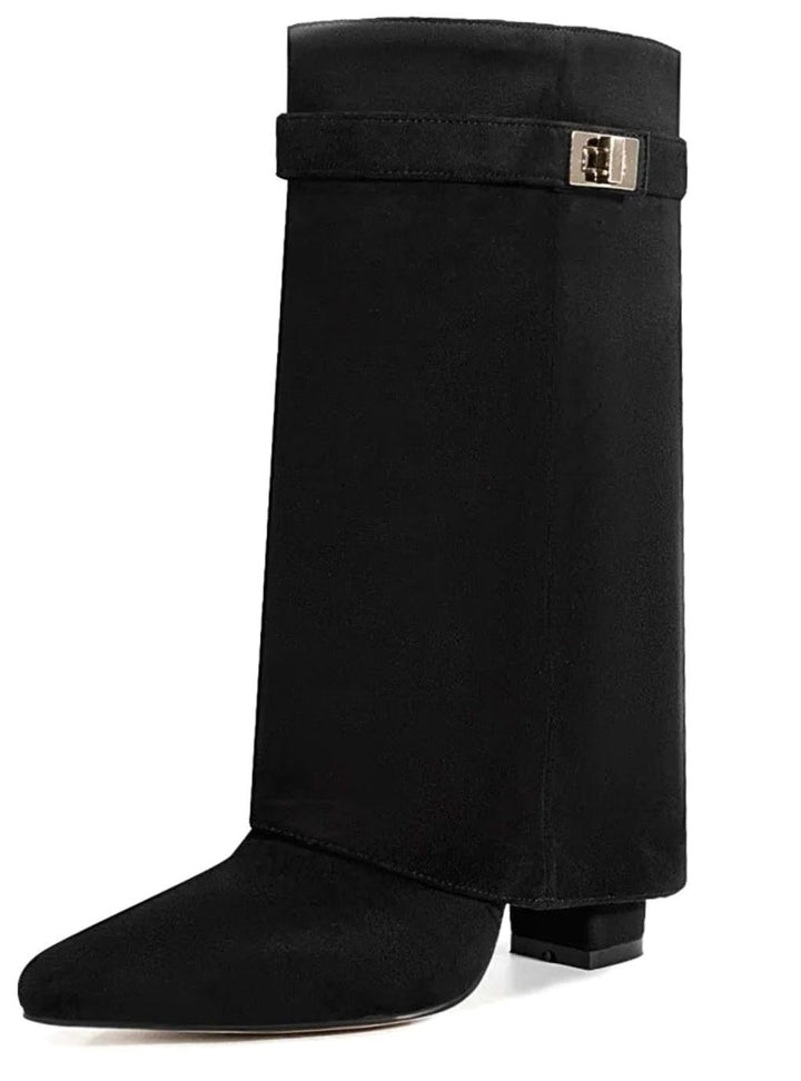 Women's Foldover Knee-High Suede Boots Gold Buckle - Black Suede Short