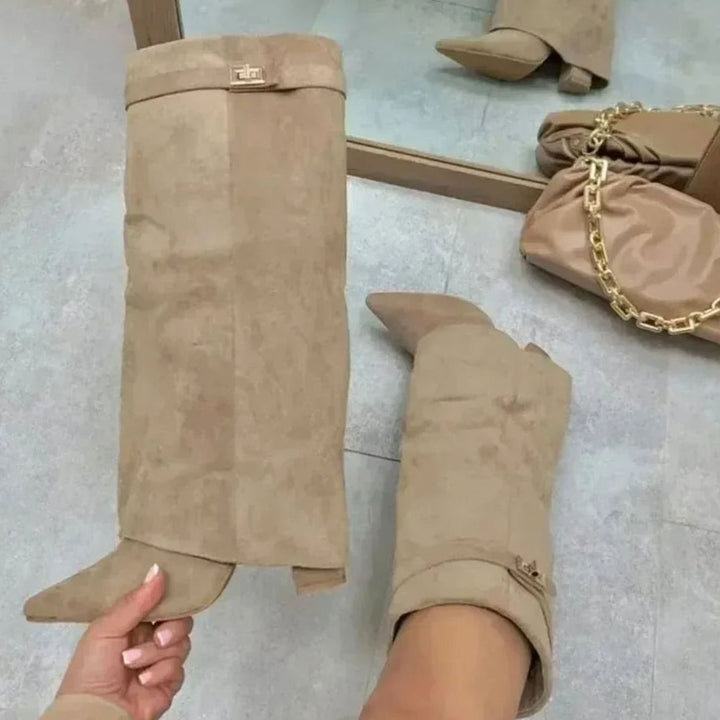 Women's Foldover Knee-High Suede Boots Gold Buckle - Apricot Suede
