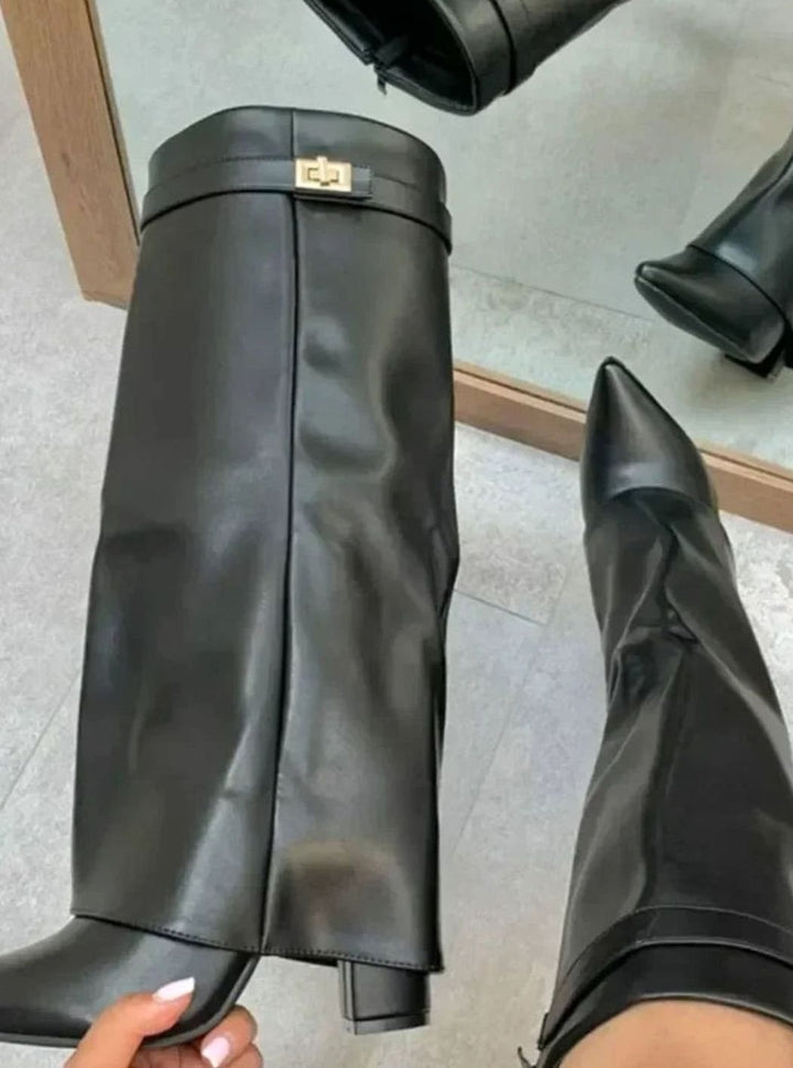 Women's Foldover Knee-High Suede Boots Gold Buckle - Black