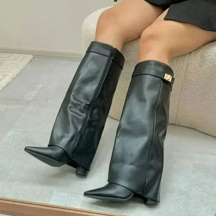 Women's Foldover Knee-High Suede Boots Gold Buckle