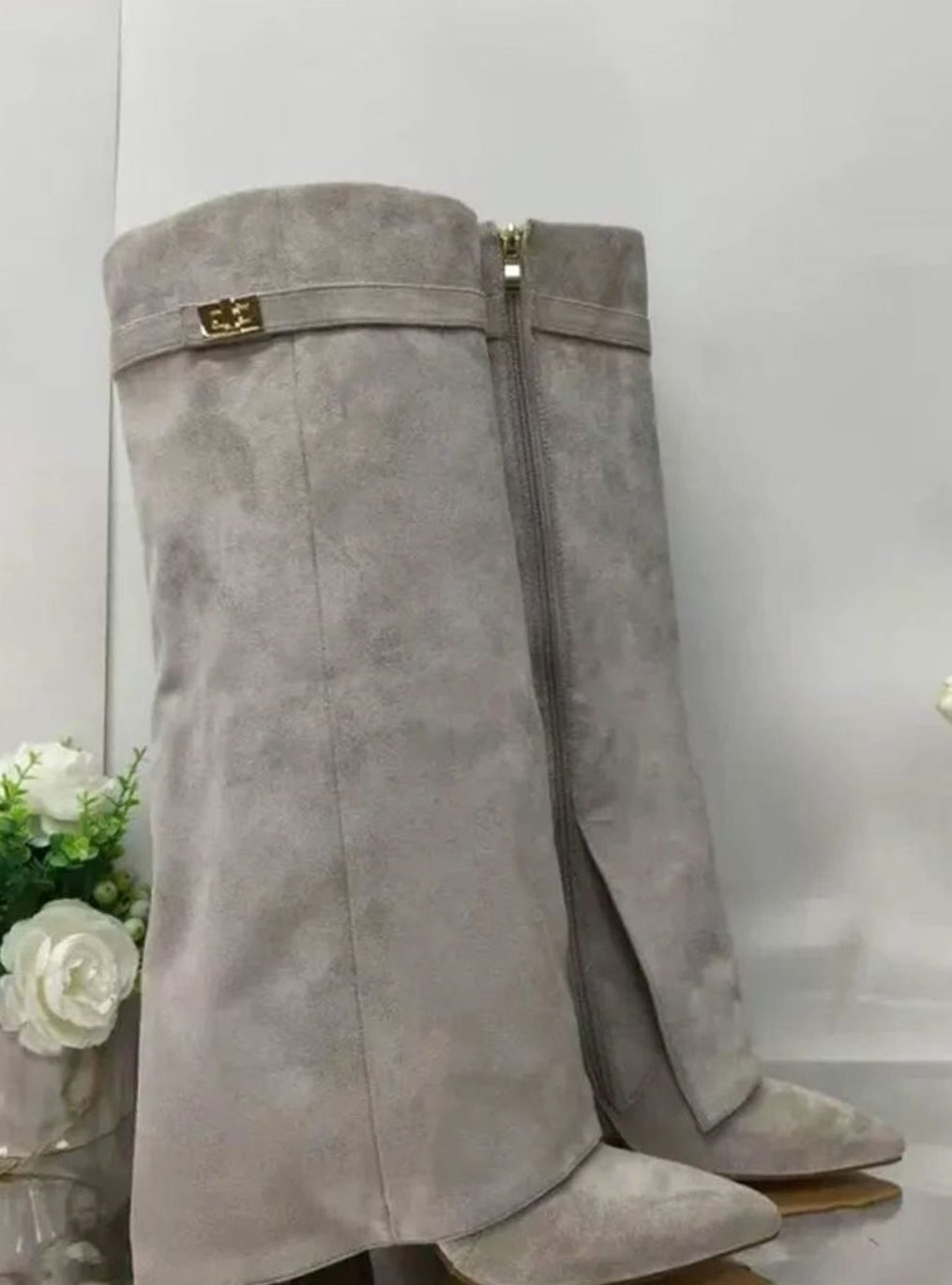 Women's Foldover Knee-High Suede Boots Gold Buckle - Gray