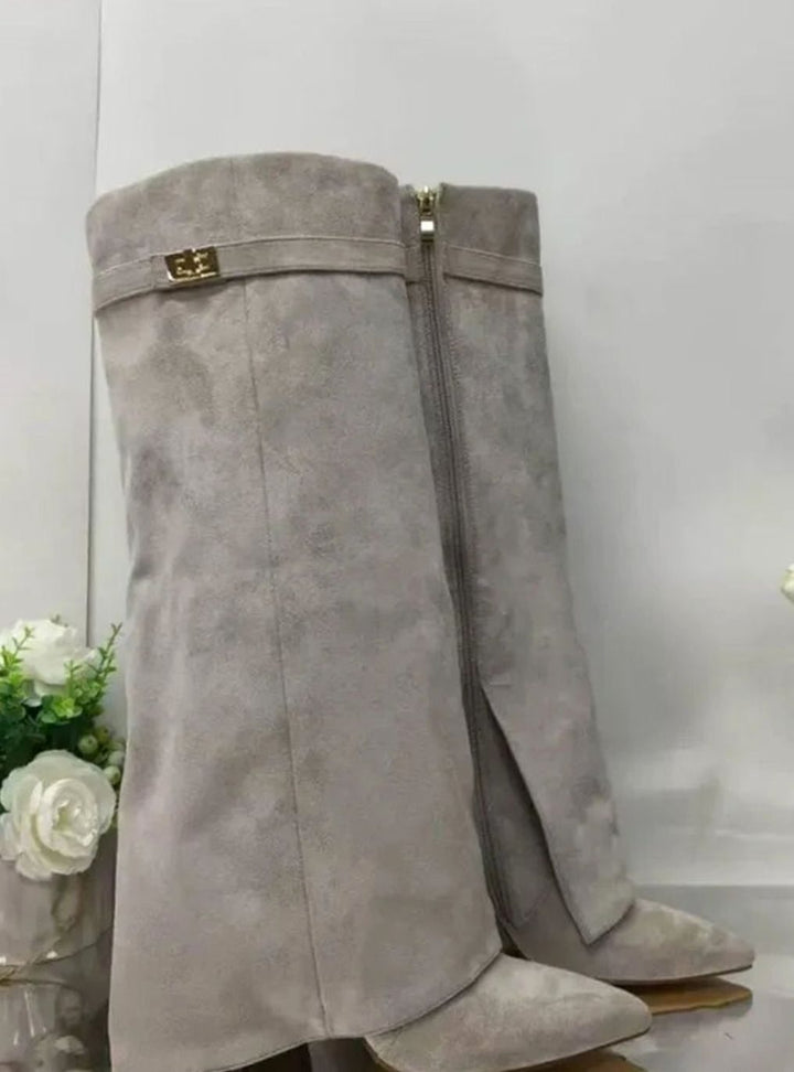 Women's Foldover Knee-High Suede Boots Gold Buckle - Gray