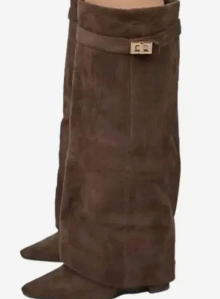Women's Foldover Knee-High Suede Boots Gold Buckle - Brown Suede