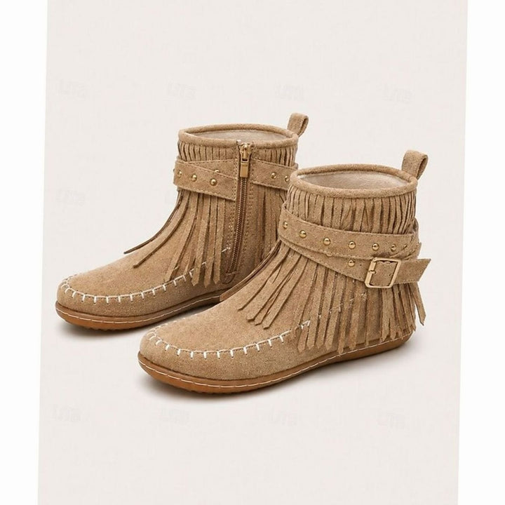 Women's Fringe Moccasin Flat Ankle Boots Boho Buckle Strap - Beige
