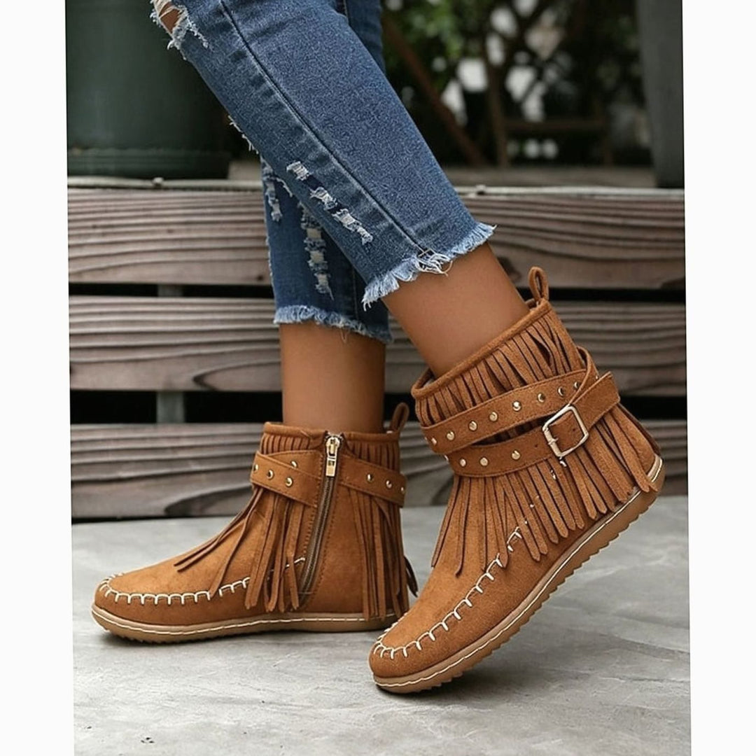 Women's Fringe Moccasin Flat Ankle Boots Boho Buckle Strap