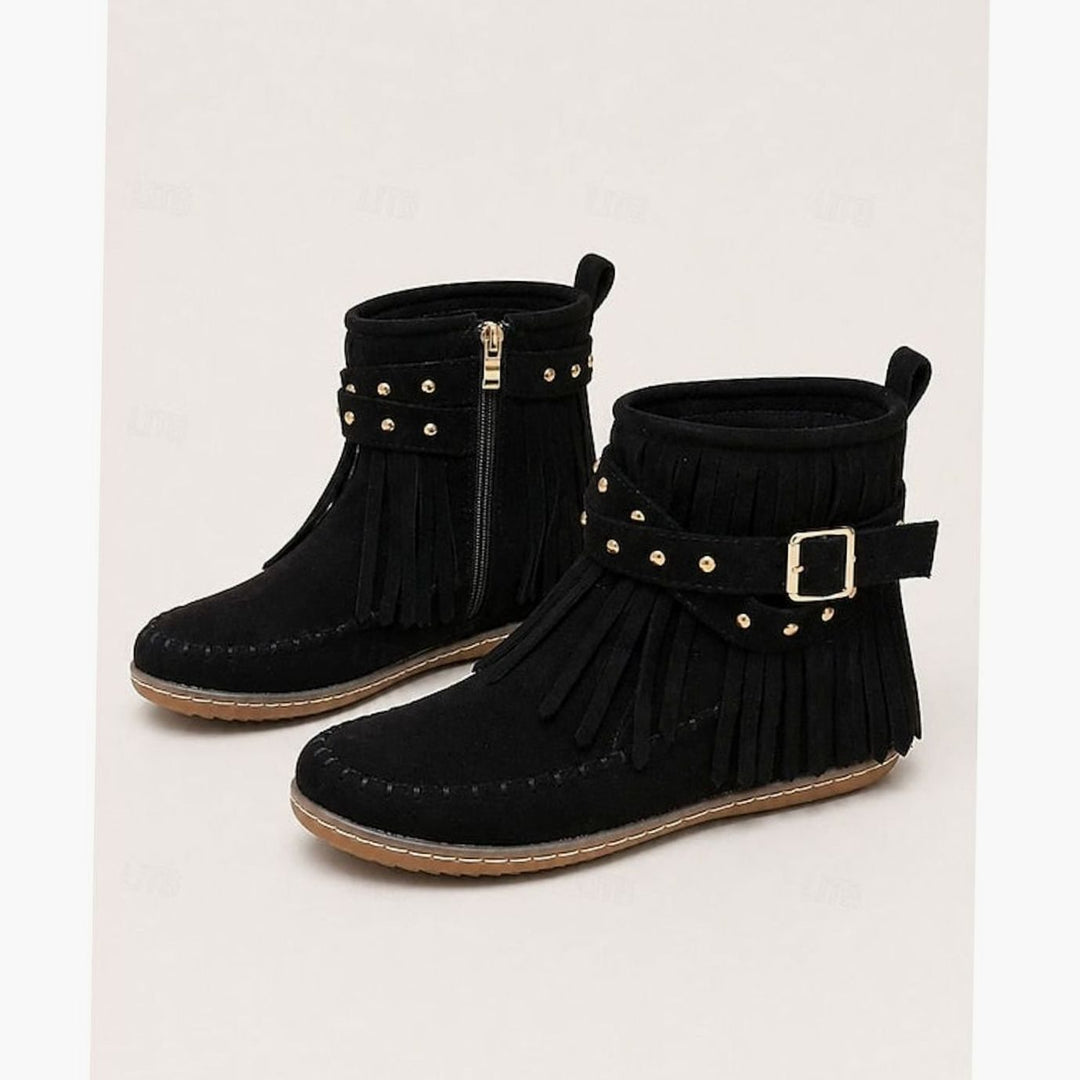 Women's Fringe Moccasin Flat Ankle Boots Boho Buckle Strap - Black