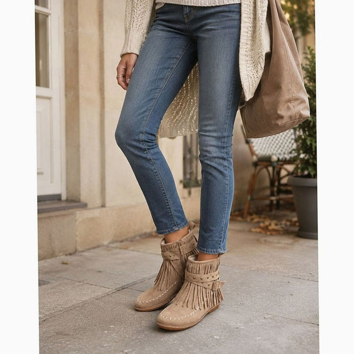 Women's Fringe Moccasin Flat Ankle Boots Boho Buckle Strap