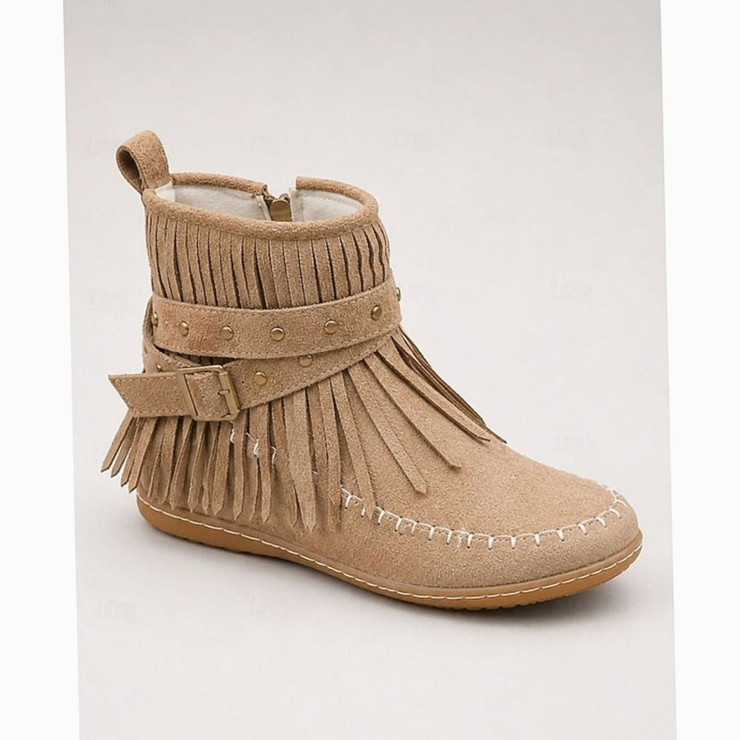 Women's Fringe Moccasin Flat Ankle Boots Boho Buckle Strap
