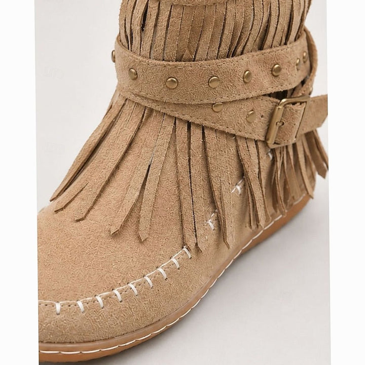 Women's Fringe Moccasin Flat Ankle Boots Boho Buckle Strap