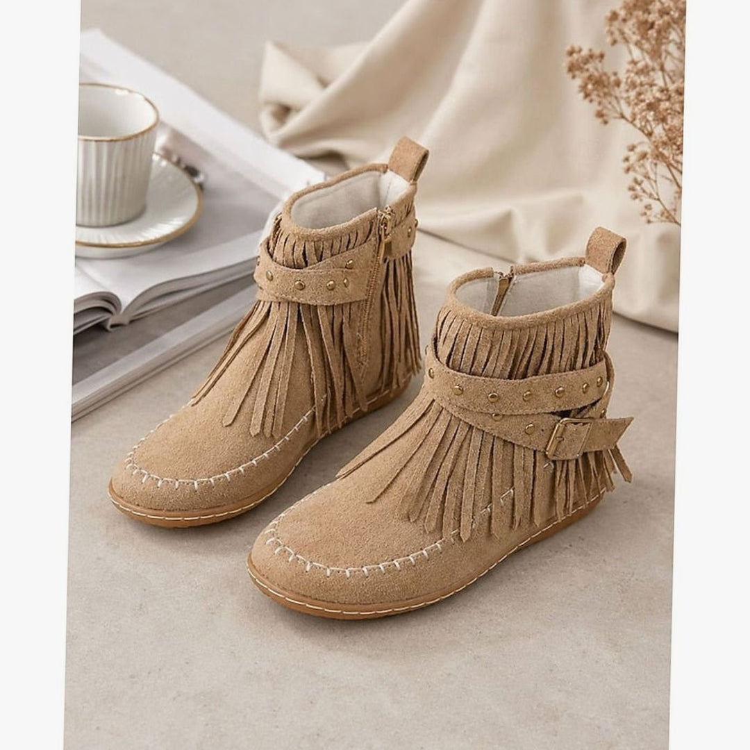 Women's Fringe Moccasin Flat Ankle Boots Boho Buckle Strap