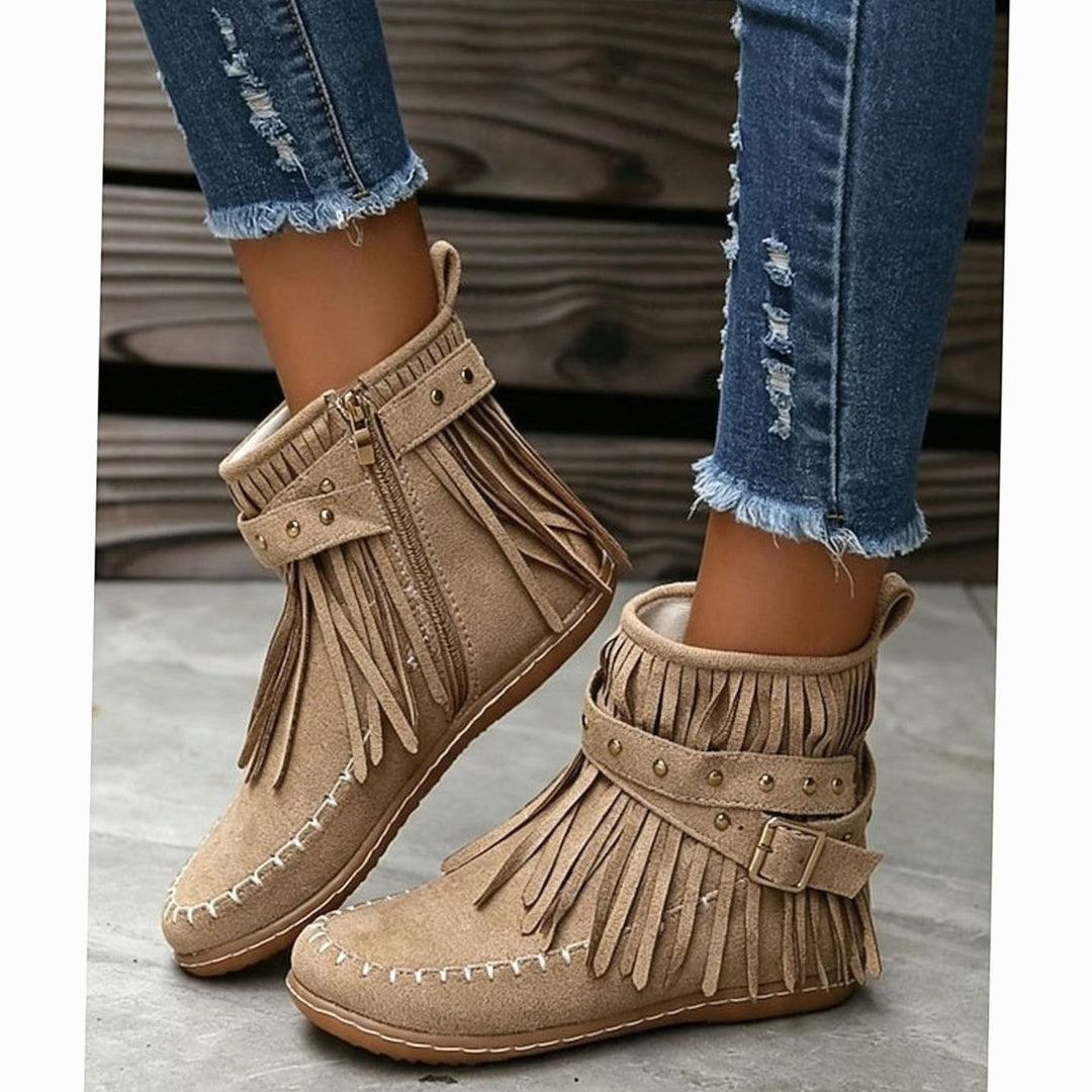 Women's Fringe Moccasin Flat Ankle Boots Boho Buckle Strap