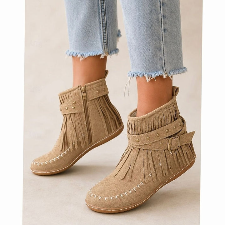 Women's Fringe Moccasin Flat Ankle Boots Boho Buckle Strap