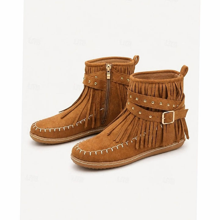 Women's Fringe Moccasin Flat Ankle Boots Boho Buckle Strap - Brown