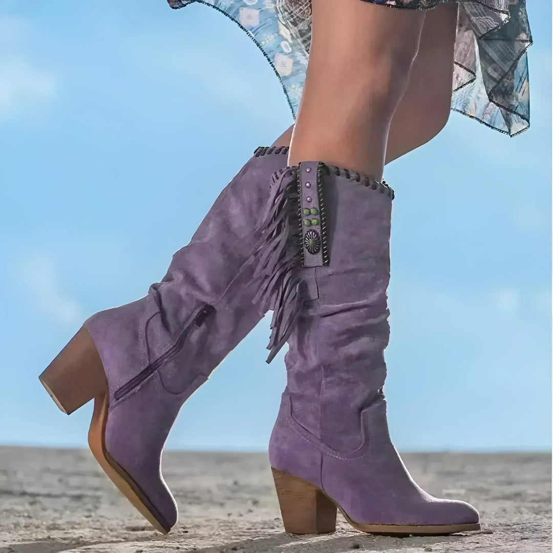 Women's Fringe Tassel Western Knee High Boots Block Heel Suede - Purple