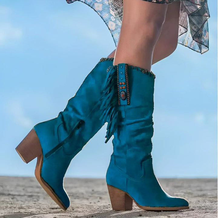 Women's Fringe Tassel Western Knee High Boots Block Heel Suede - Blue