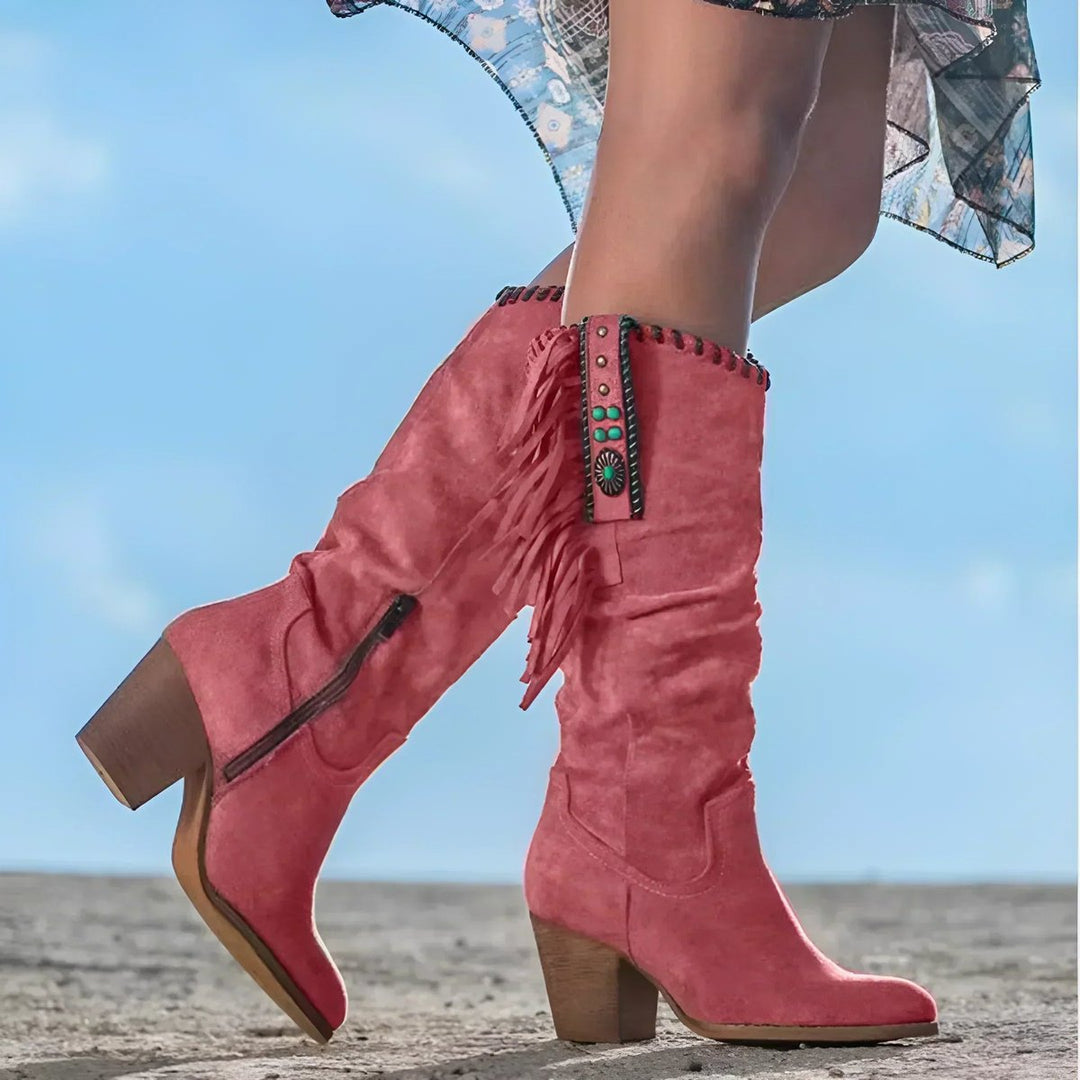 Women's Fringe Tassel Western Knee High Boots Block Heel Suede - Red