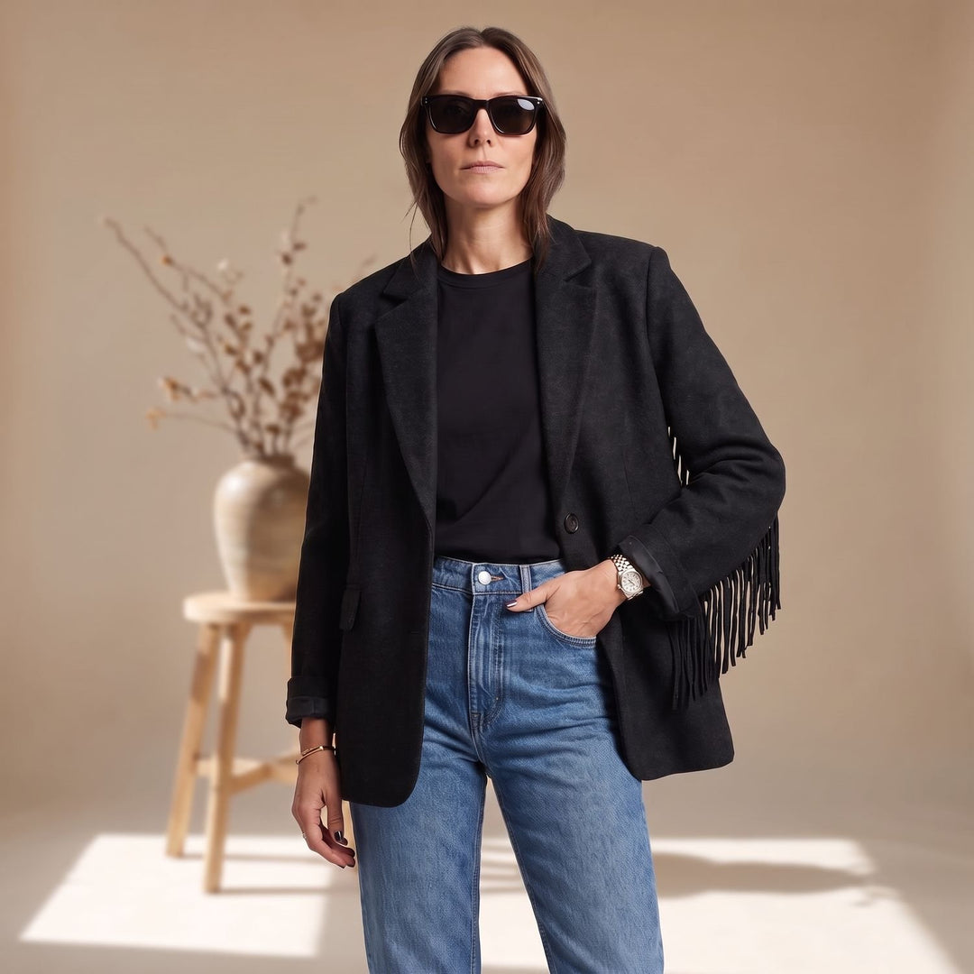 Women's Fringe-Trim Woolen Tailored Blazer Coat - Black