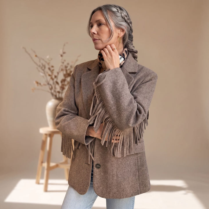 Women's Fringe-Trim Woolen Tailored Blazer Coat