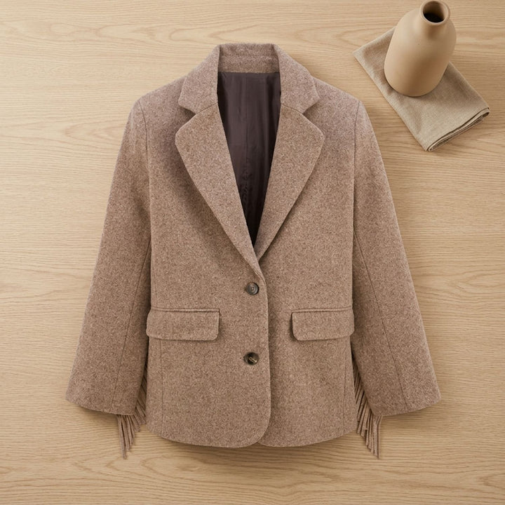 Women's Fringe-Trim Woolen Tailored Blazer Coat - Khaki