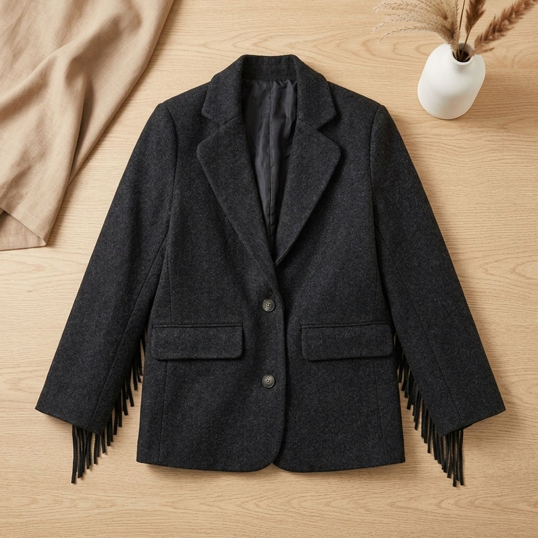 Women's Fringe-Trim Woolen Tailored Blazer Coat