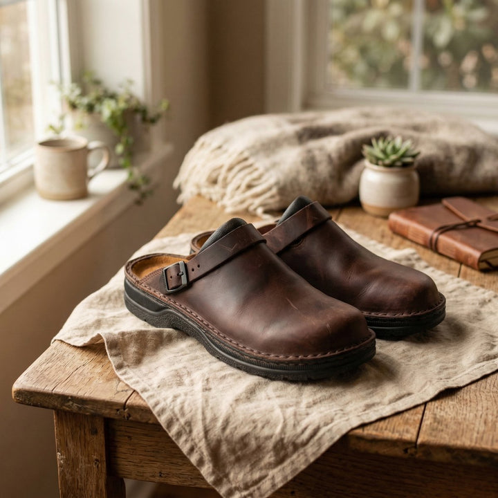 Women's Full-Grain Leather Slip-On Clog Boots - Dark Brown