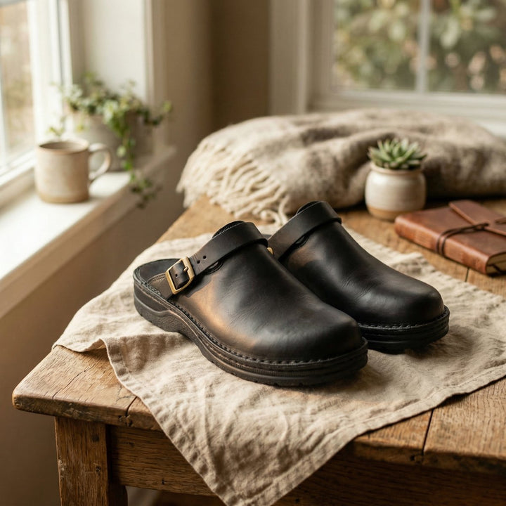 Women's Full-Grain Leather Slip-On Clog Boots - Black