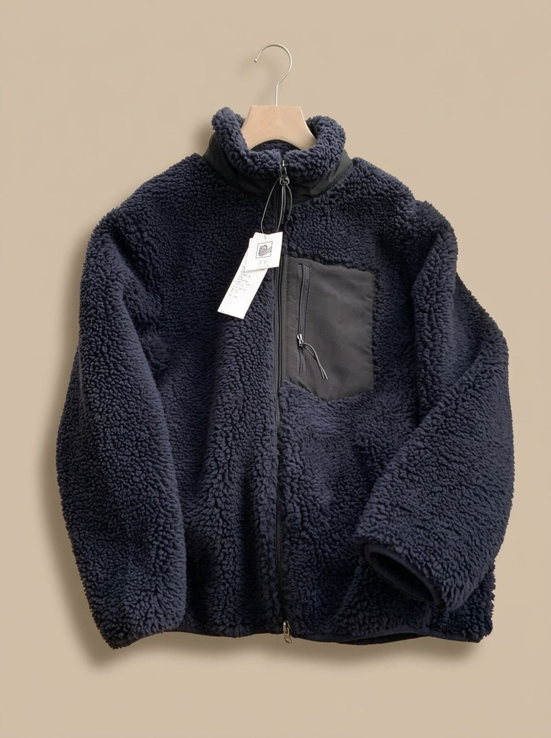 Women's Full Zip-Up Sherpa Fleece Relaxed-Fit Jacket, Beige - Navy Blue