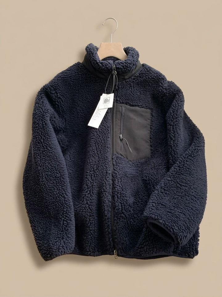 Women's Full Zip-Up Sherpa Fleece Relaxed-Fit Jacket, Beige - Navy Blue