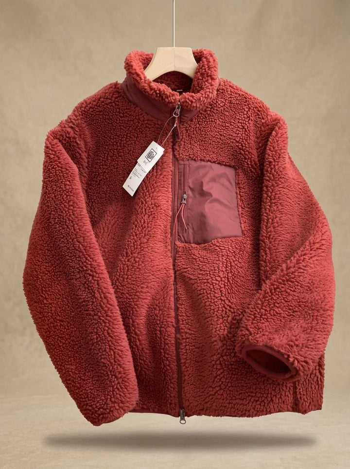 Women's Full Zip-Up Sherpa Fleece Relaxed-Fit Jacket, Beige - Red