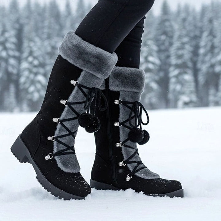 Women's Fur-Trimmed Lace-Up Knee-High Snow Boots - Black