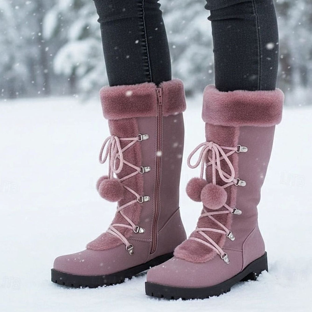 Women's Fur-Trimmed Lace-Up Knee-High Snow Boots - Purple