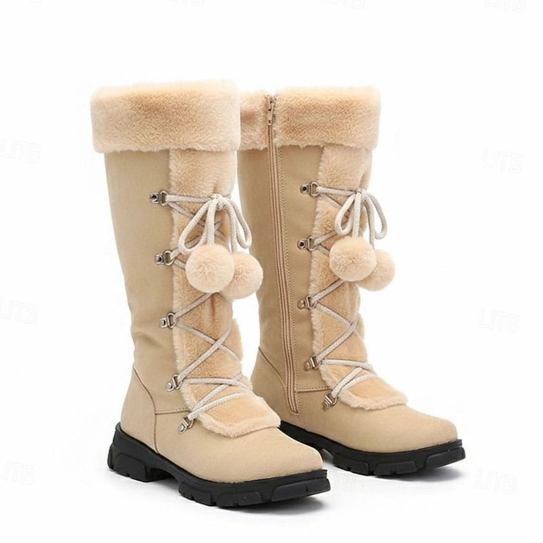 Women's Fur-Trimmed Lace-Up Knee-High Snow Boots - Beige