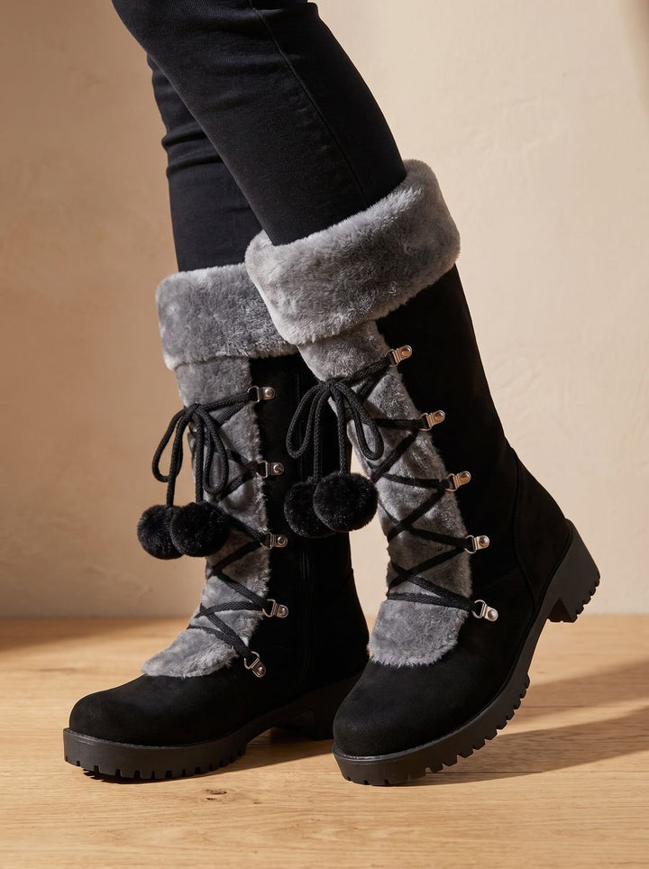 Women's Fur-Trimmed Lace-Up Mid-Calf Snow Boots - Black