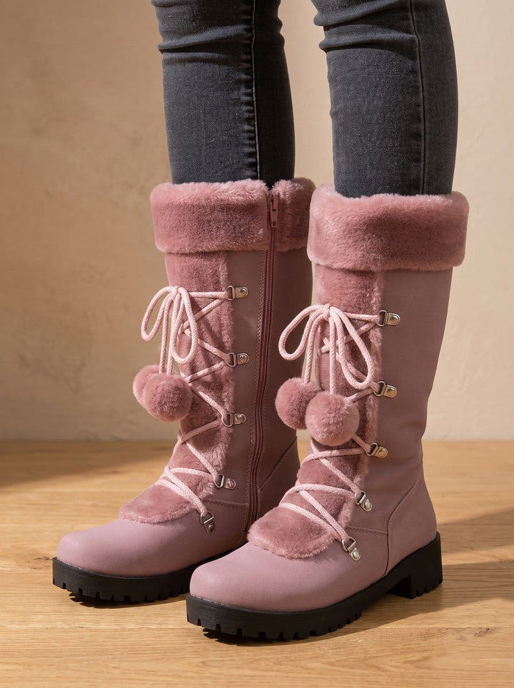 Women's Fur-Trimmed Lace-Up Mid-Calf Snow Boots - Purple