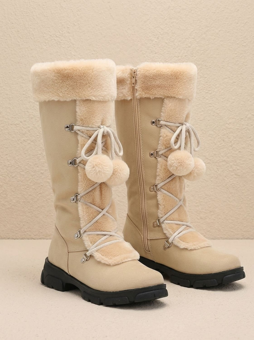Women's Fur-Trimmed Lace-Up Mid-Calf Snow Boots - Beige