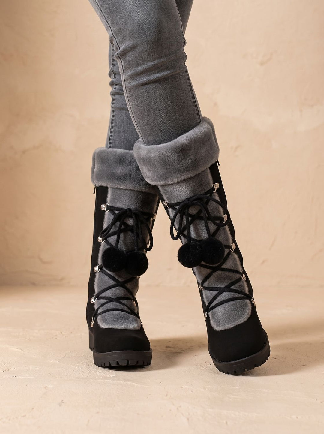 Women's Fur-Trimmed Lace-Up Mid-Calf Snow Boots