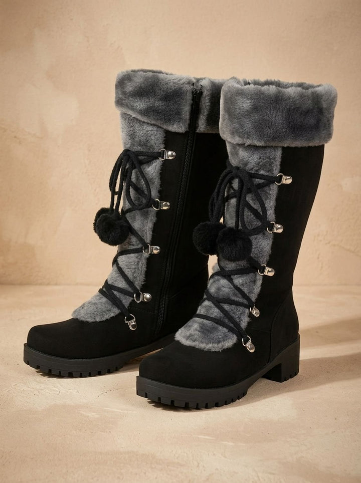 Women's Fur-Trimmed Lace-Up Mid-Calf Snow Boots