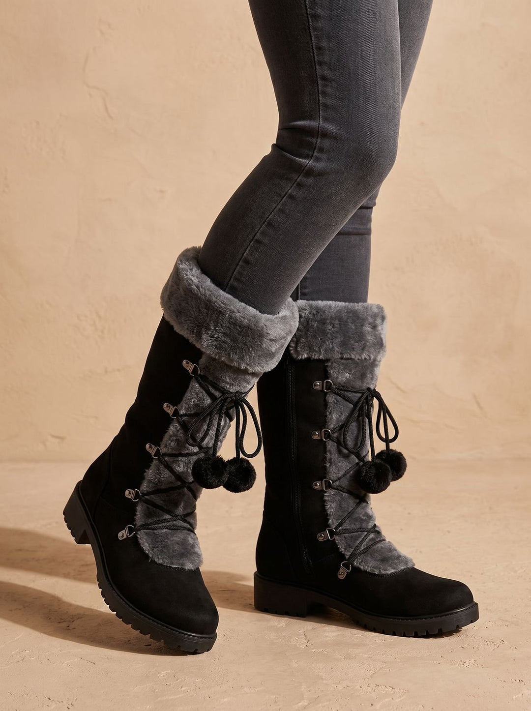 Women's Fur-Trimmed Lace-Up Mid-Calf Snow Boots