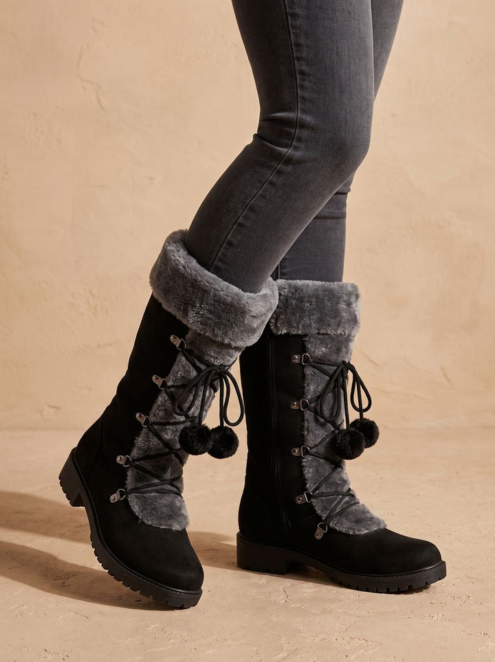 Women's Fur-Trimmed Lace-Up Mid-Calf Snow Boots