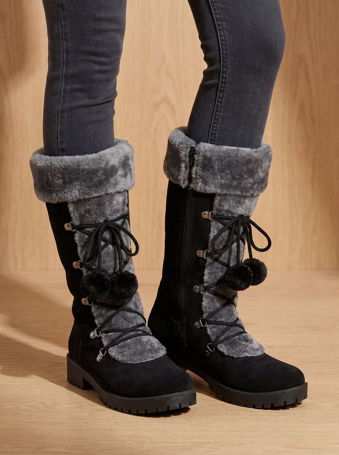 Women's Fur-Trimmed Lace-Up Mid-Calf Snow Boots
