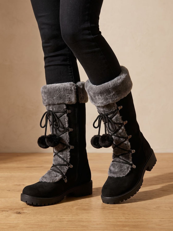 Women's Fur-Trimmed Lace-Up Mid-Calf Snow Boots