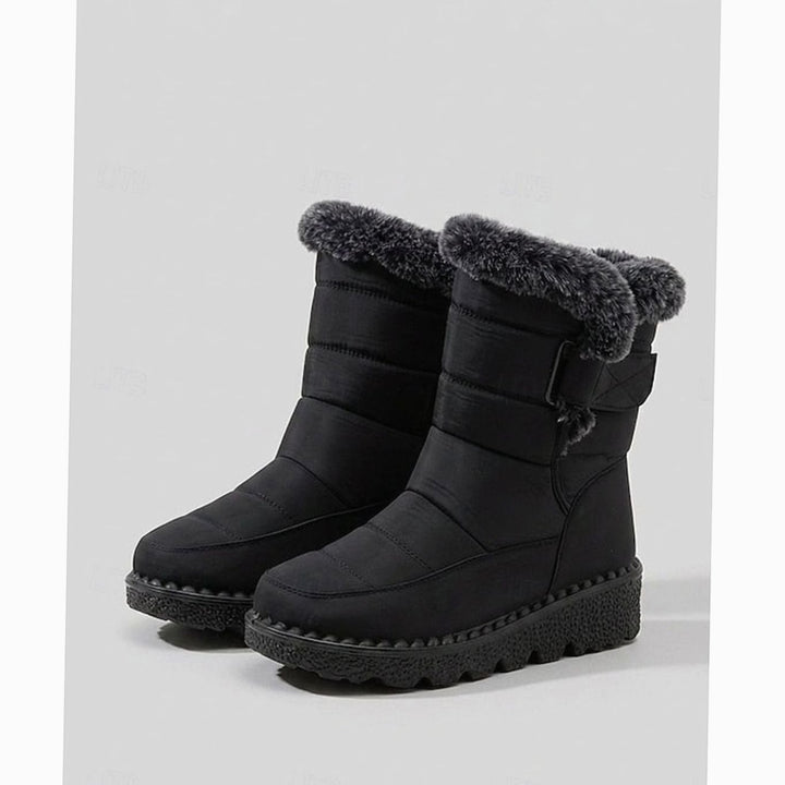 Women's Fur-Trimmed Quilted Mid-Calf Snow Boots - Black