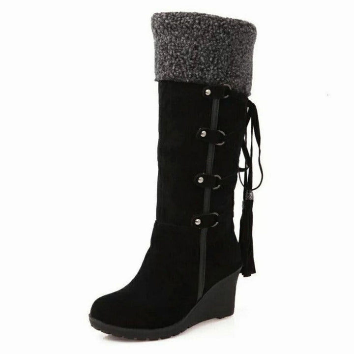 Women's Fur-Trimmed Wedge Heel Knee-High Winter Boots - Black
