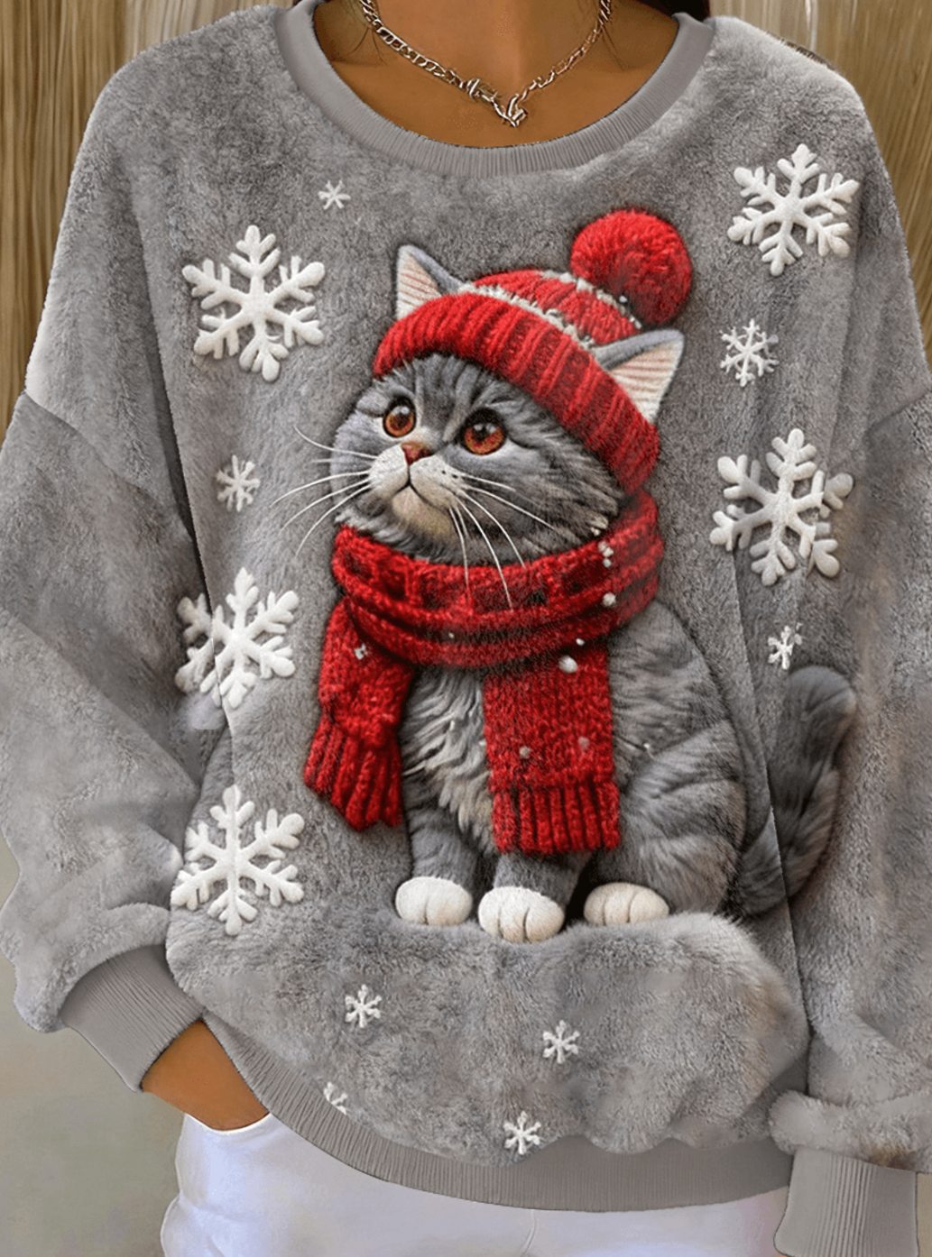 Women's Fuzzy Christmas Cat Snowflake Crewneck Sweatshirt - Gray