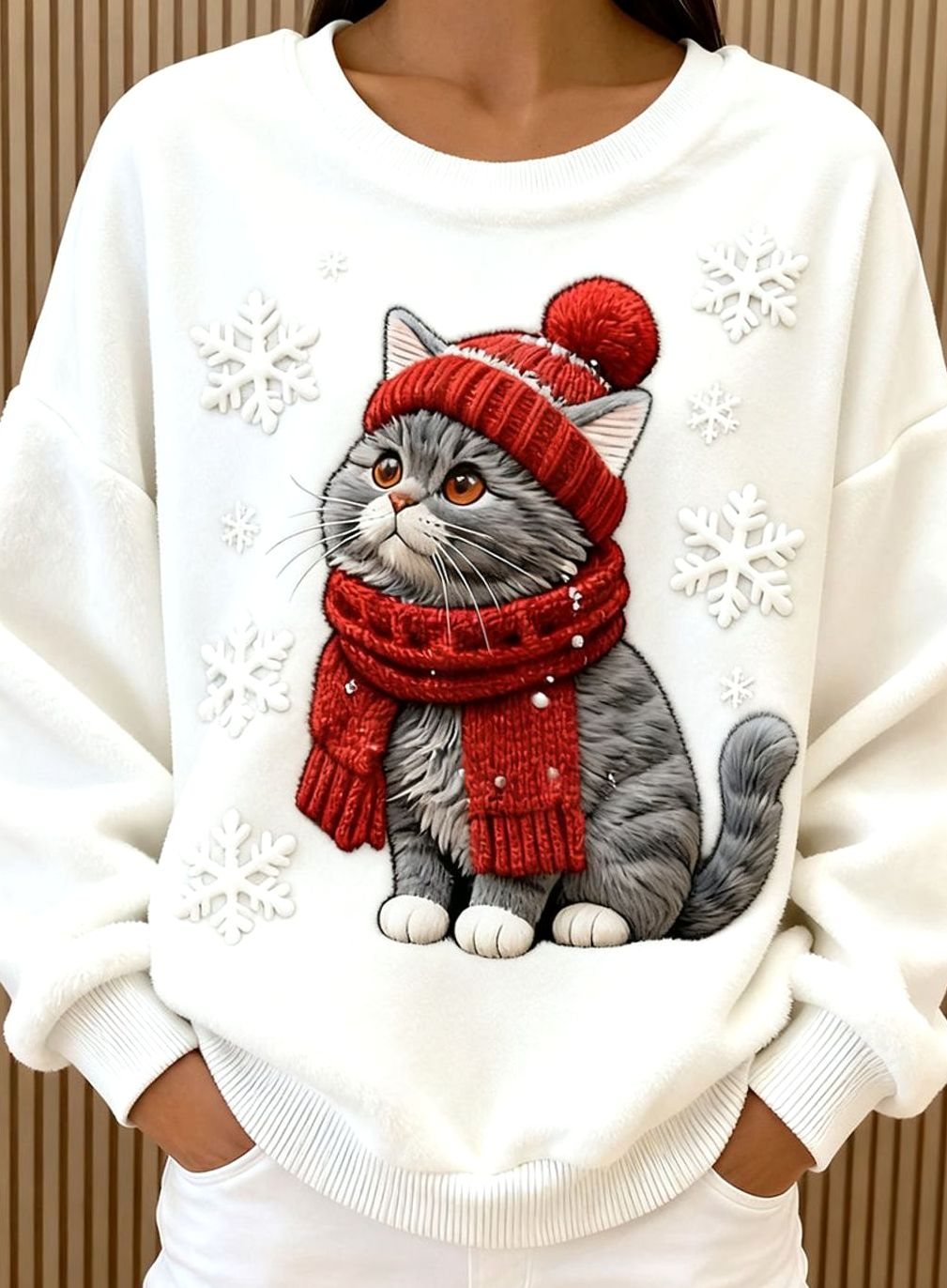 Women's Fuzzy Christmas Cat Snowflake Crewneck Sweatshirt - White