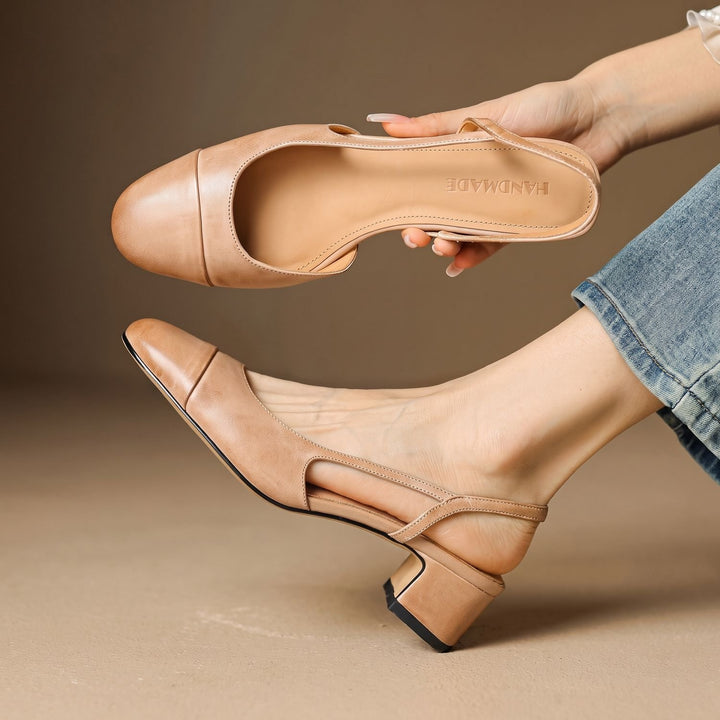 Women's Genuine Leather Slingback Pumps Cushioned Mid Block Heel - Khaki